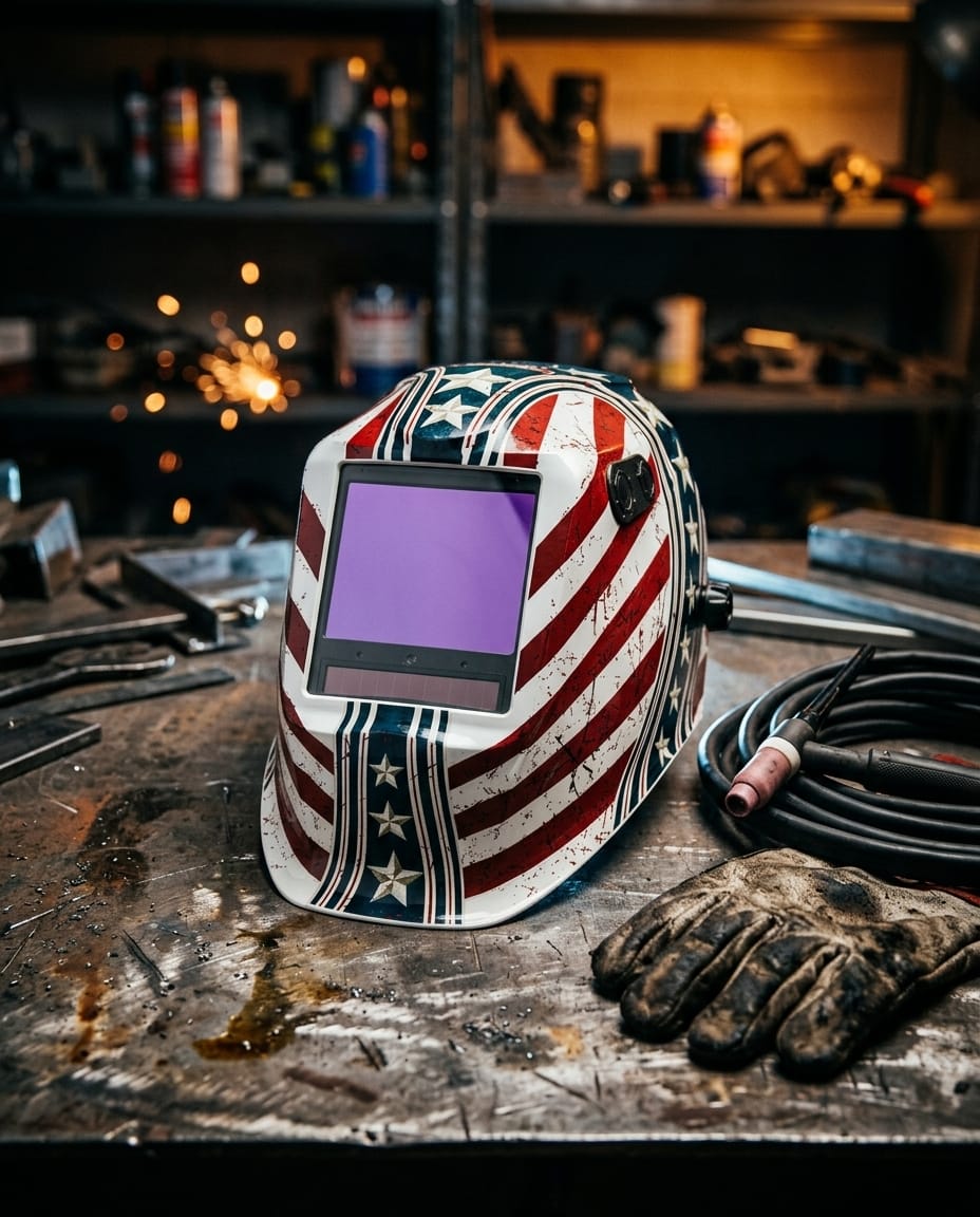 Lincoln welding helmet with American flag design on a workshop table