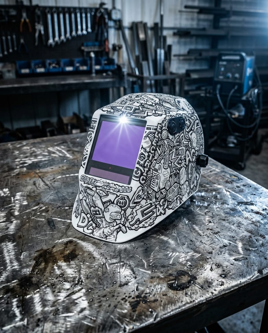 Lincoln welding helmet with black and white doodle pattern on a metal workbench