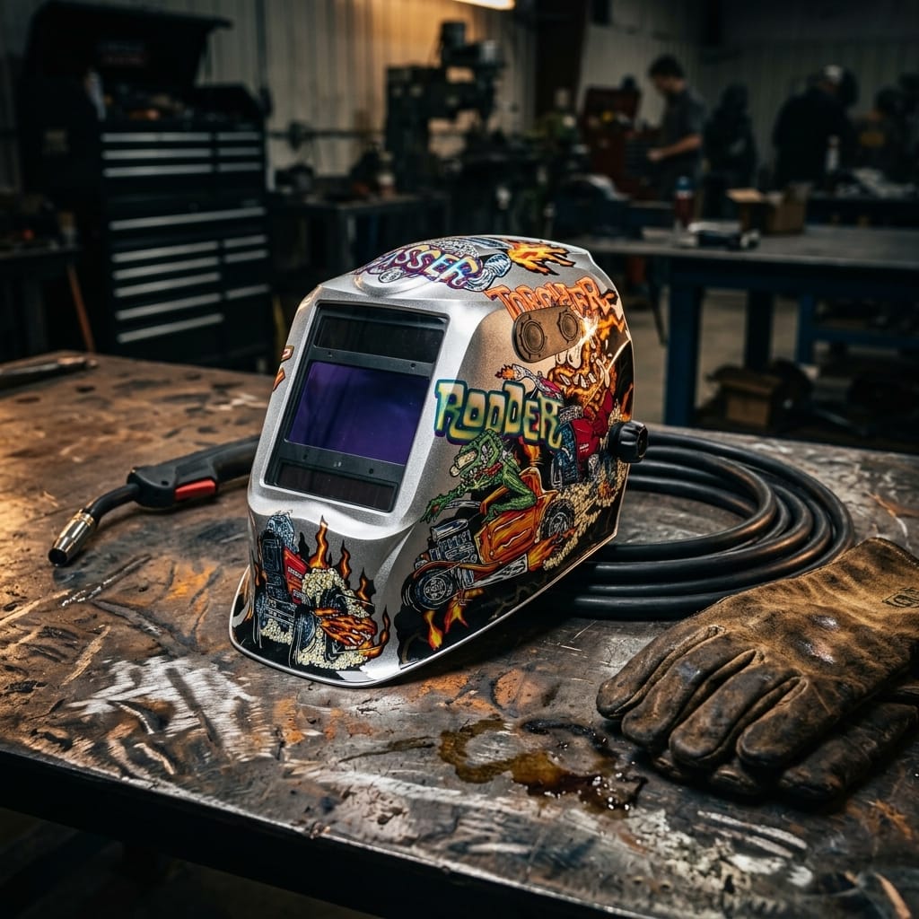 Lincoln welding helmet with custom graphic design on a metal workbench with leather gloves