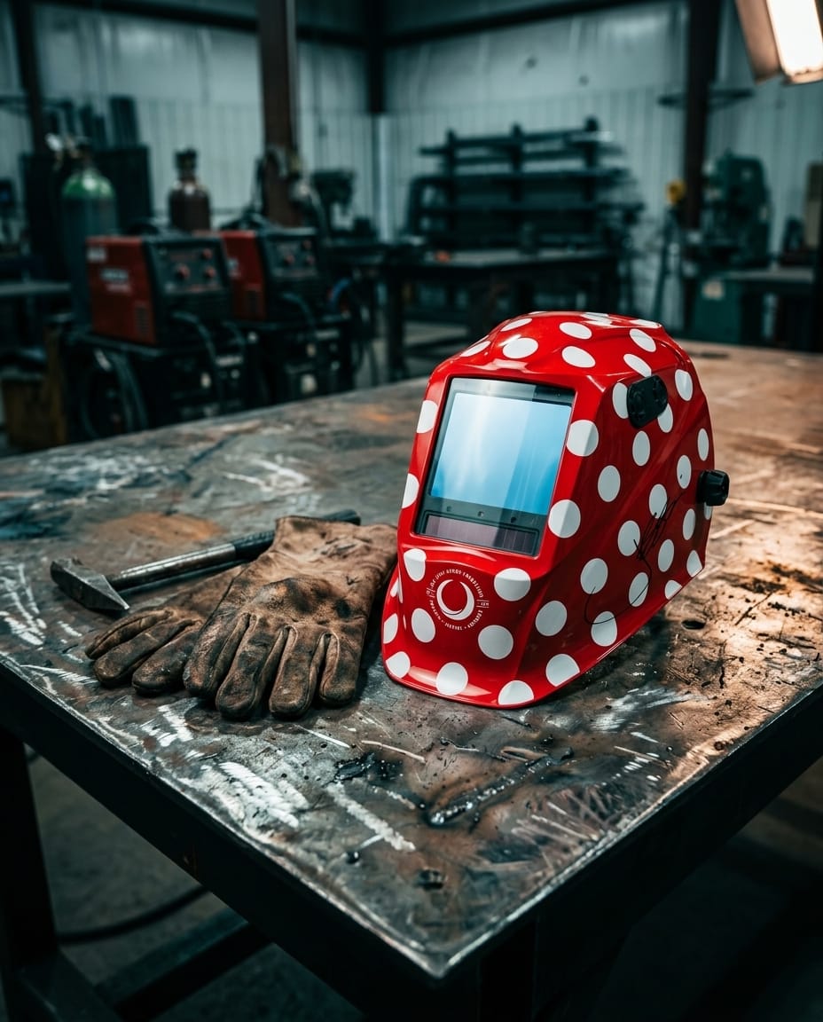 Lincoln red welding helmet with white polka dots and leather gloves on a metal workbench