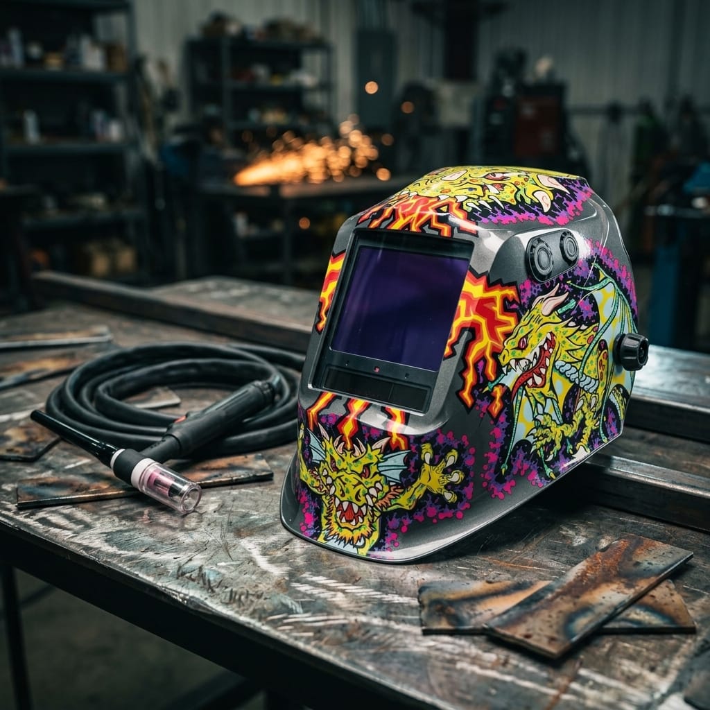 Lincoln welding helmet with dragon graphic on a metal workbench with a TIG torch