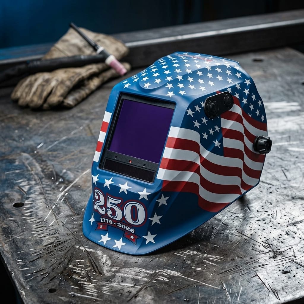 Lincoln welding helmet with American flag design and 250 1776-2026 text on a metal workbench