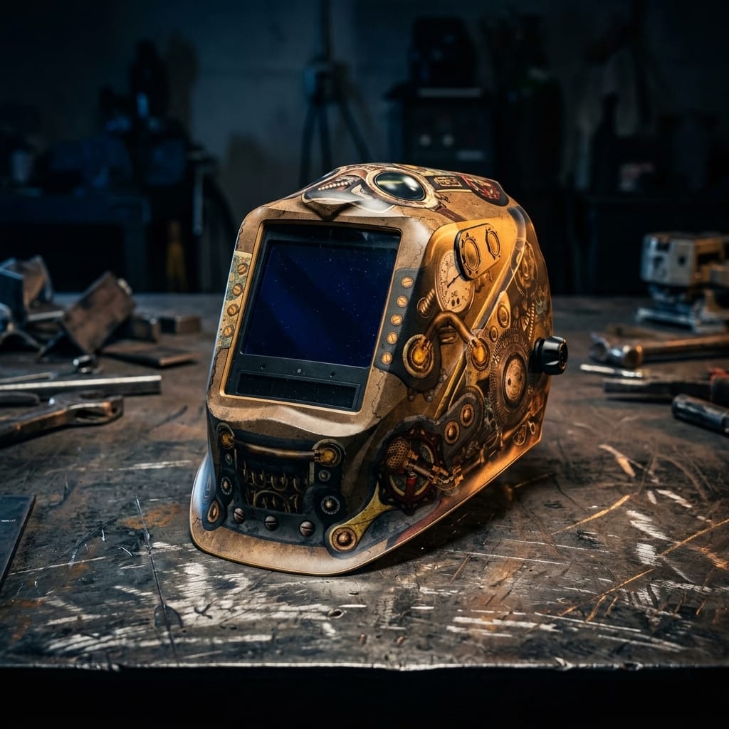 Lincoln welding helmet with steampunk gear design on a metal workbench