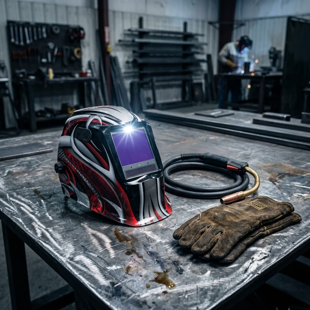 Lincoln welding helmet with flame graphics, welding torch, and leather gloves on a metal workbench