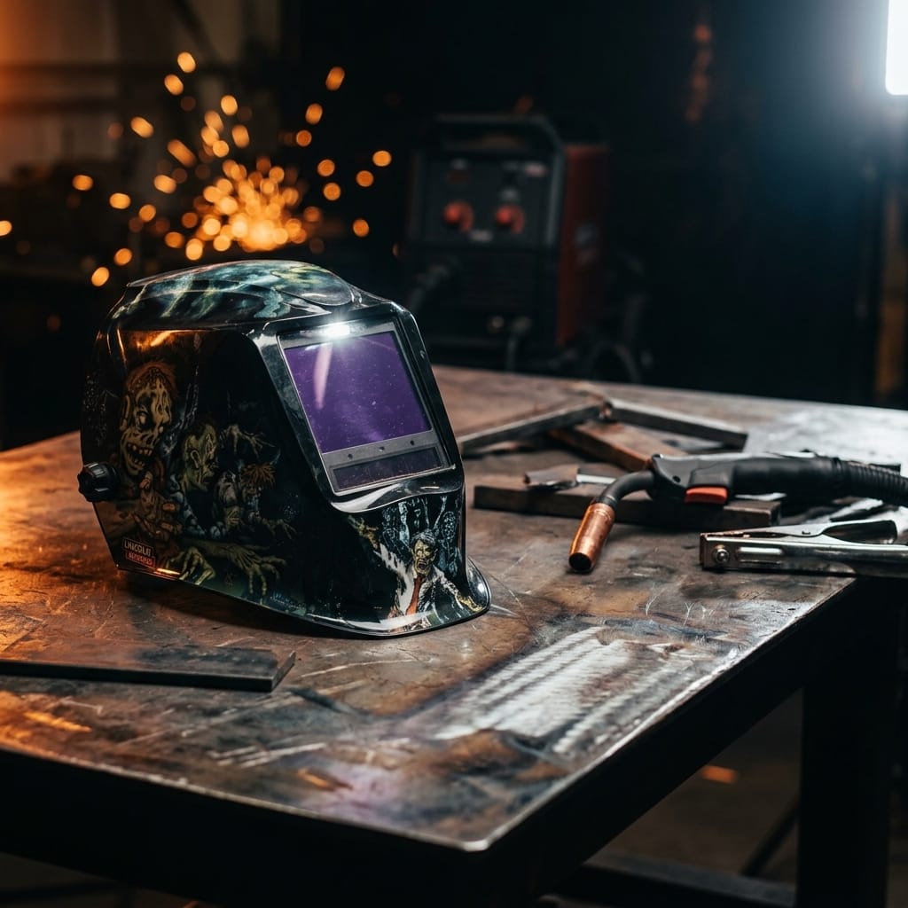 Lincoln welding helmet with zombie graphic on a metal workbench with welding tools