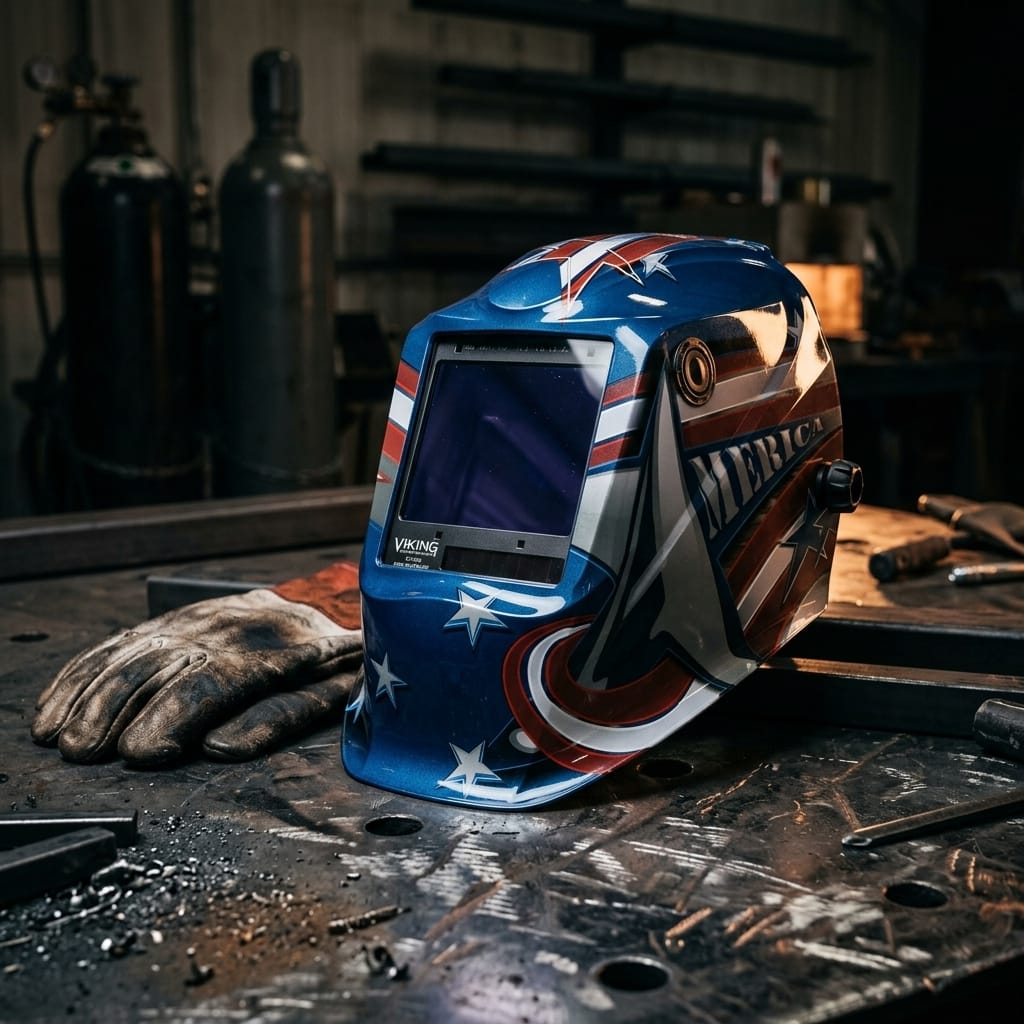 Lincoln Viking welding helmet with American flag graphic on a metal workbench