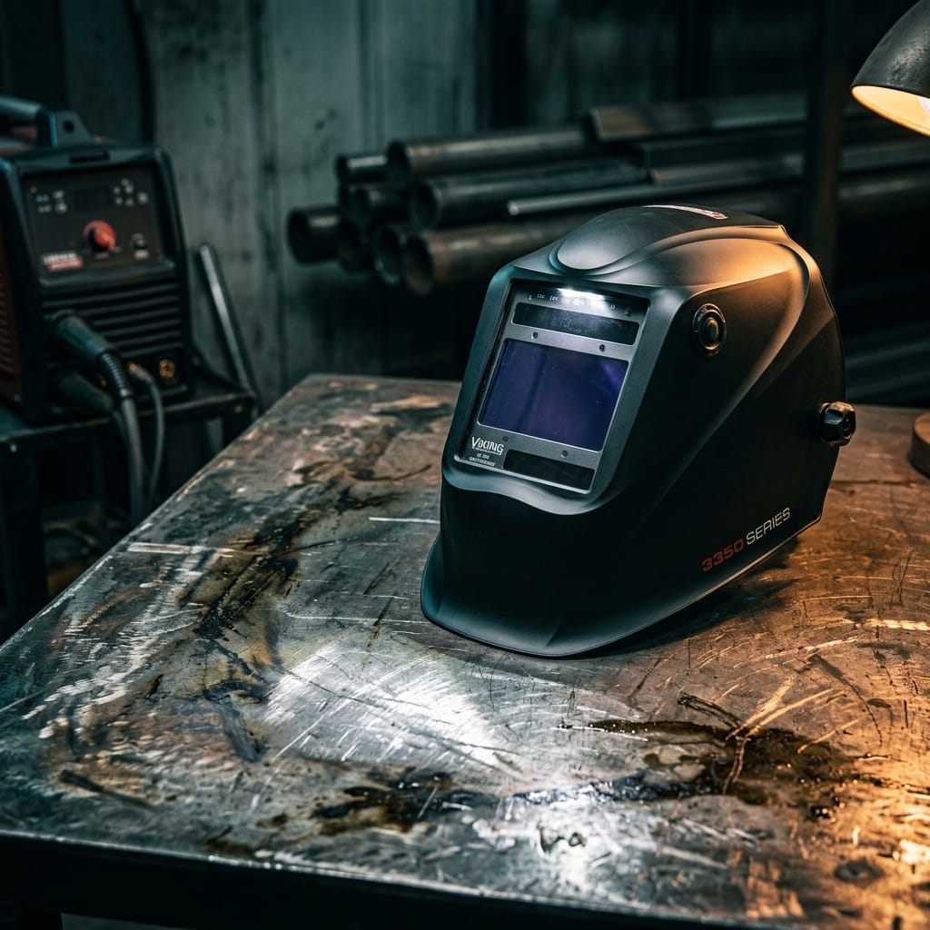 Lincoln Viking 3350 series welding helmet on a metal workbench