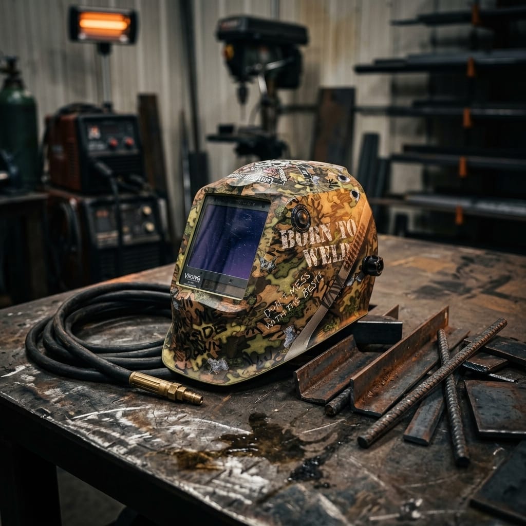 Lincoln Viking welding helmet with camouflage pattern and Born To Weld text on a metal workshop table