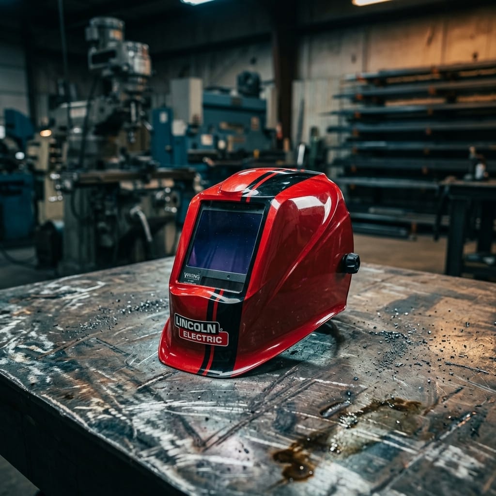 Red Lincoln Electric welding helmet on a metal workshop table