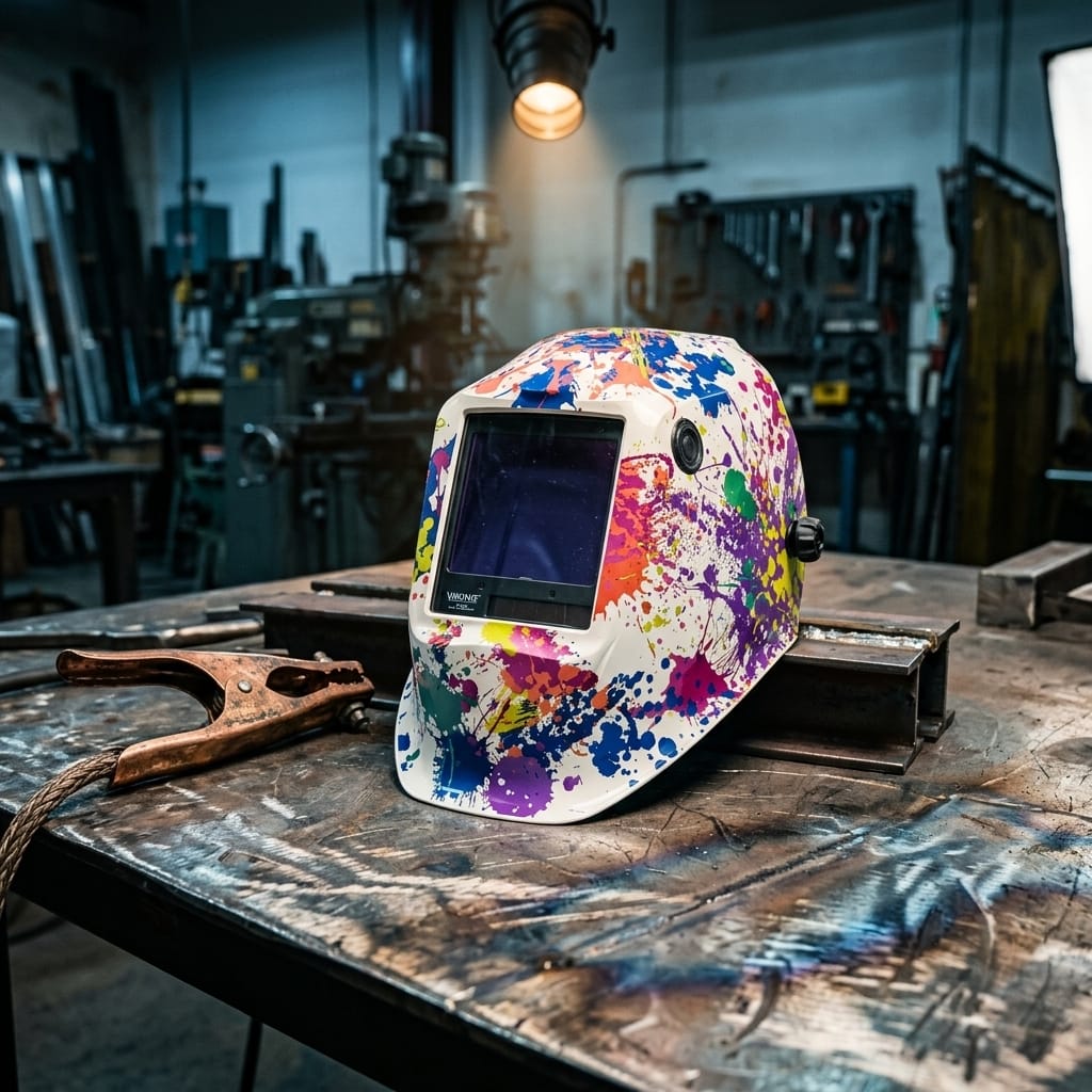 Lincoln welding helmet with multicolored paint splatter design on a metal workbench