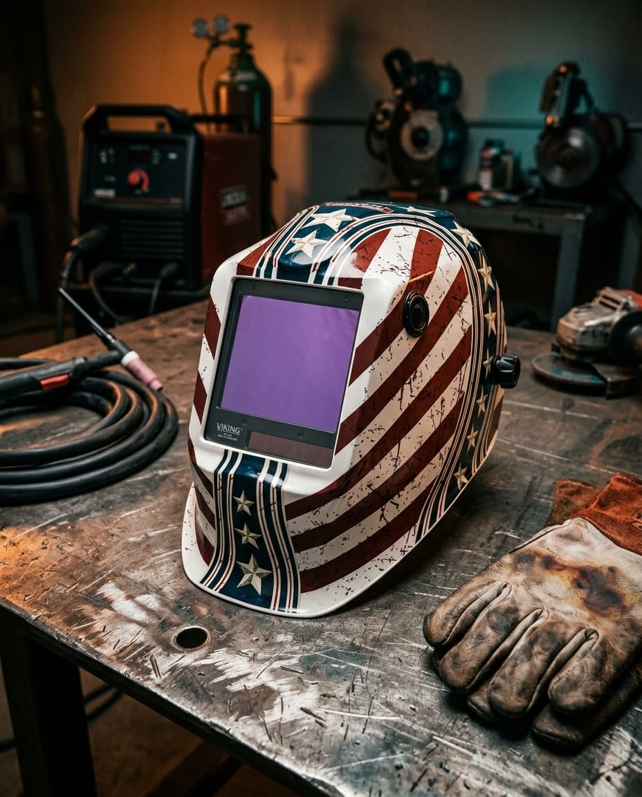 Lincoln Viking welding helmet with American flag design on a metal workshop table