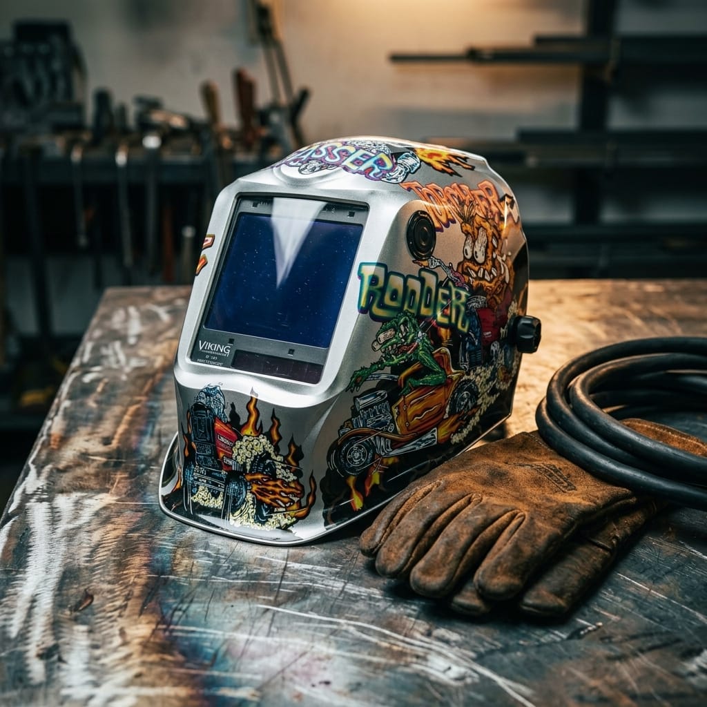 Lincoln Viking welding helmet with custom graphic design on a workshop table with leather gloves