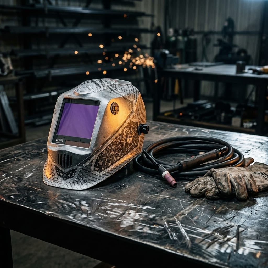 Lincoln welding helmet with intricate metal engraving on a workbench with welding torch and leather gloves