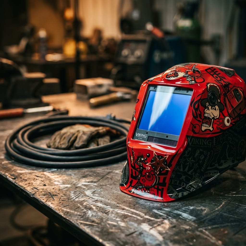 Lincoln Viking welding helmet with red graphic design on a metal workbench