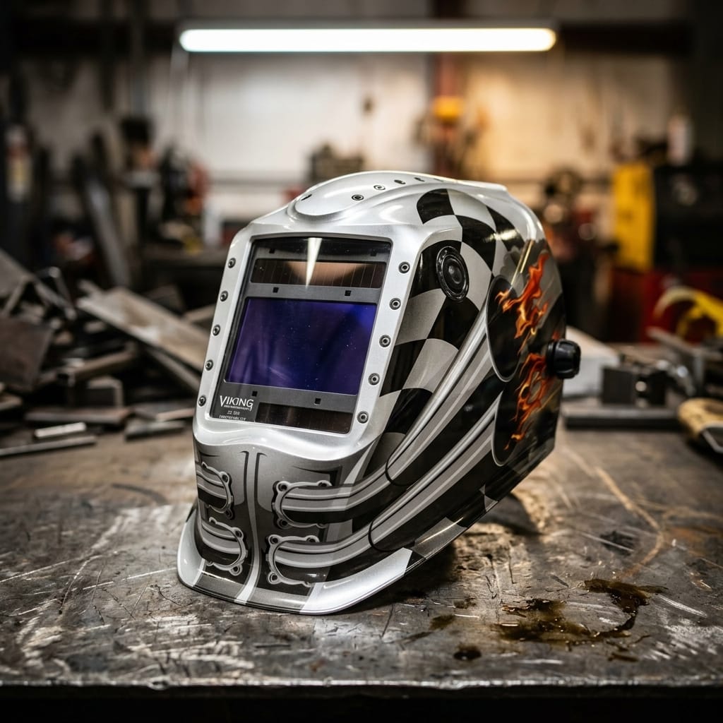 Lincoln Viking welding helmet with checkered flag and flame graphic on a workshop table