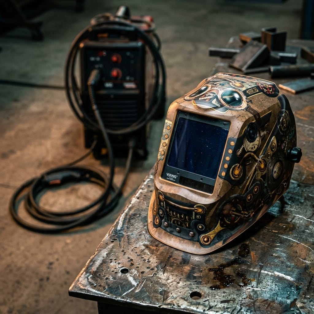 Lincoln welding helmet with steampunk gear design on a metal workbench