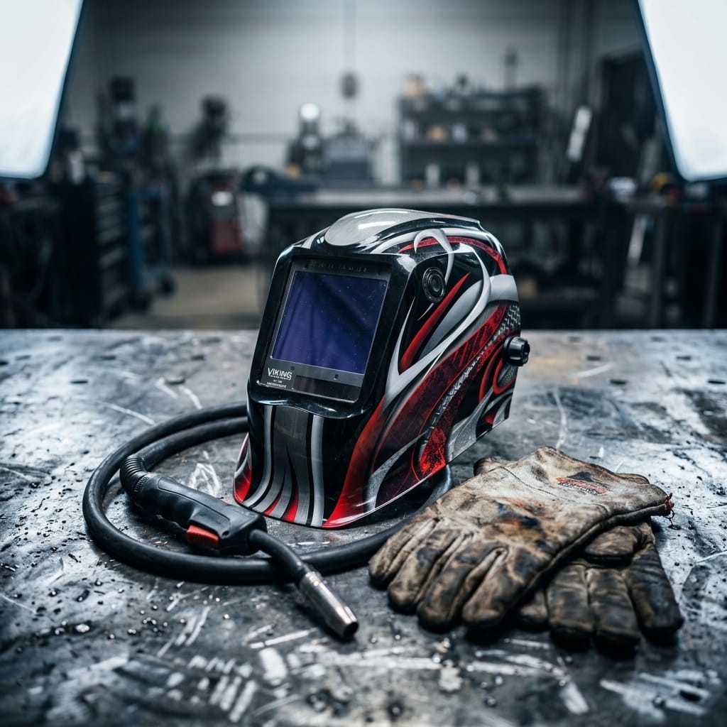 Lincoln Viking welding helmet and leather gloves on a metal workbench