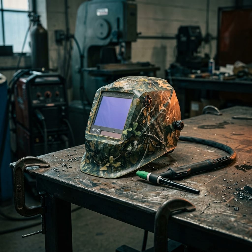 Lincoln camouflage welding helmet on a metal workbench with a welding torch