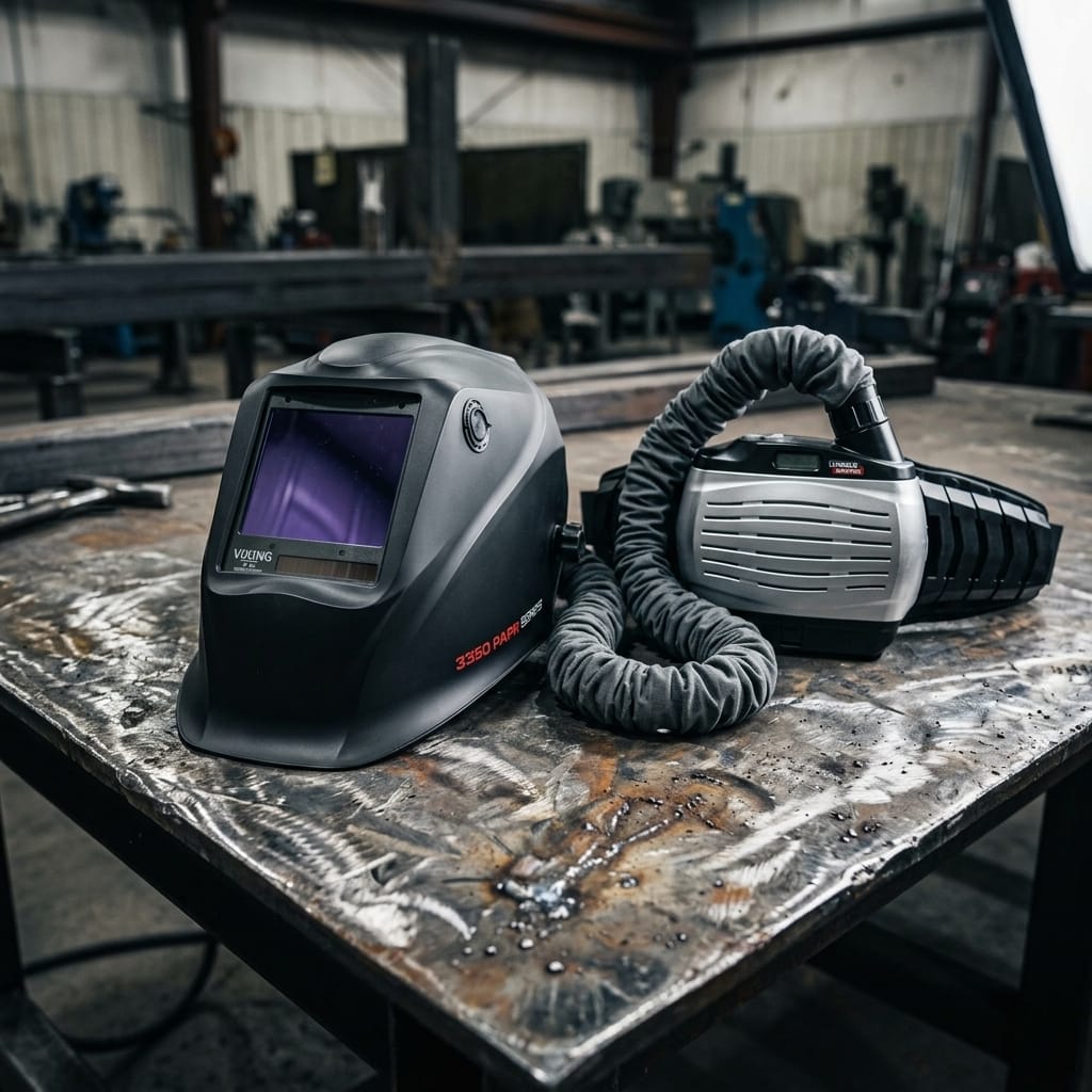 Lincoln Viking 3350 PAPR welding helmet and air filtration unit on a metal workbench