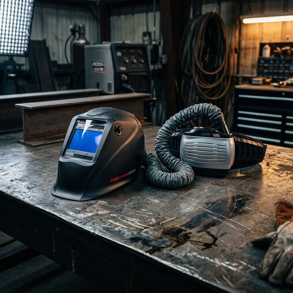 Lincoln 3350 PAPR series welding helmet with blower unit on a metal workbench