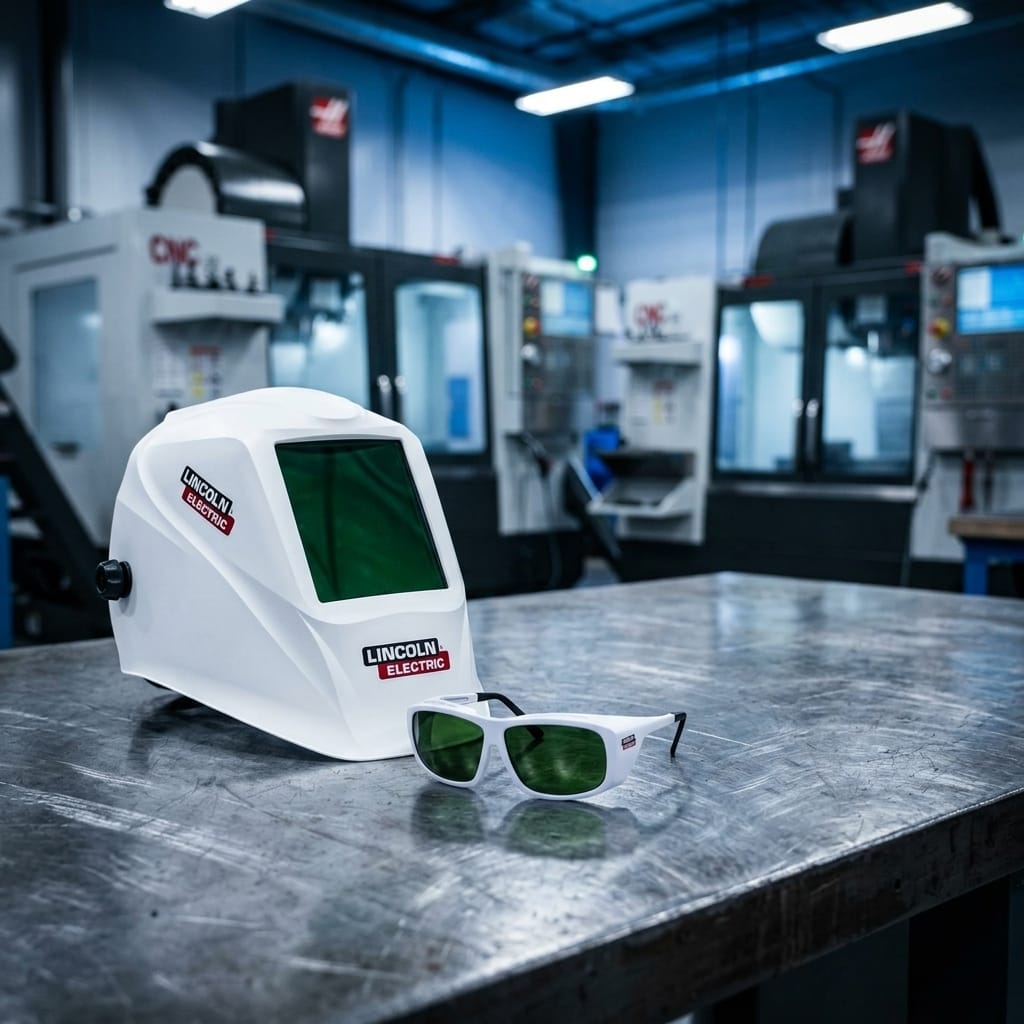 White Lincoln Electric welding helmet and safety glasses on a metal workbench in a workshop