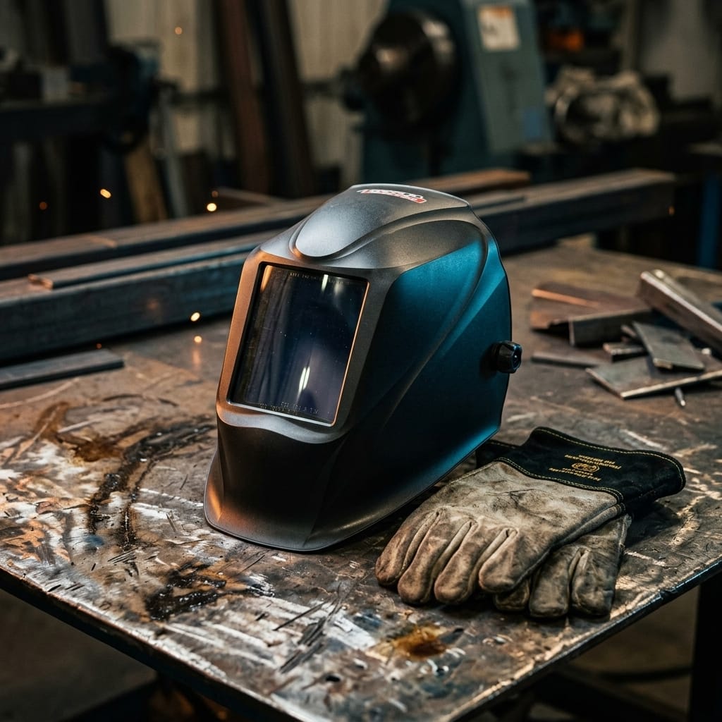 Lincoln welding helmet and leather work gloves on a metal workbench
