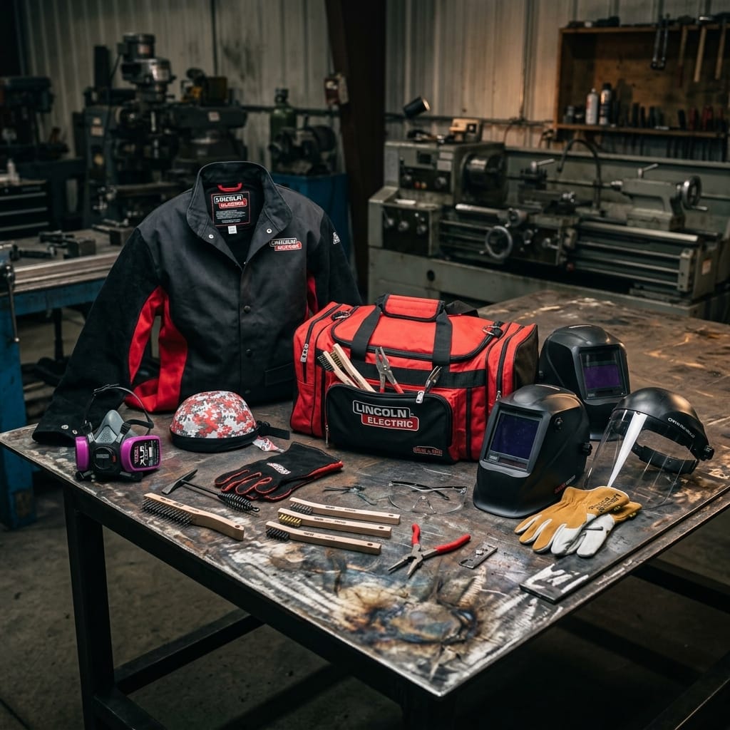 Lincoln Electric welding gear including jacket, duffel bag, helmets, and tools on a metal workbench