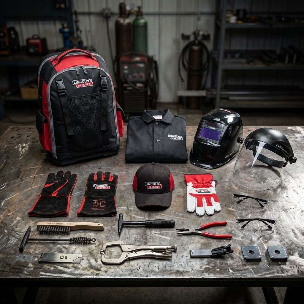 Lincoln welding gear kit including backpack, helmet, gloves, cap, and various hand tools on a metal workbench