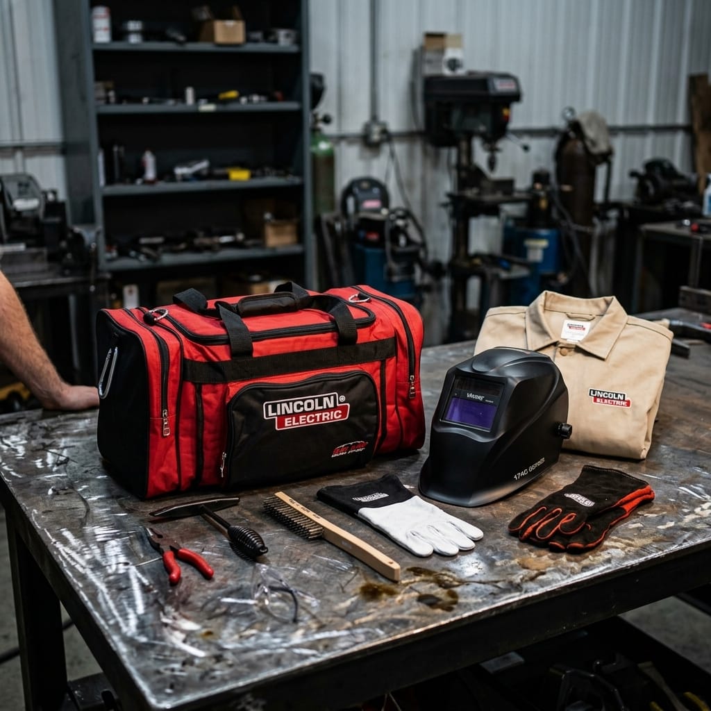 Lincoln Electric gear bag welding helmet jacket and gloves on a metal workbench