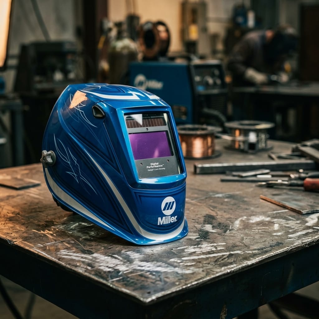 Blue Miller welding helmet with pinstripe design on a metal workbench