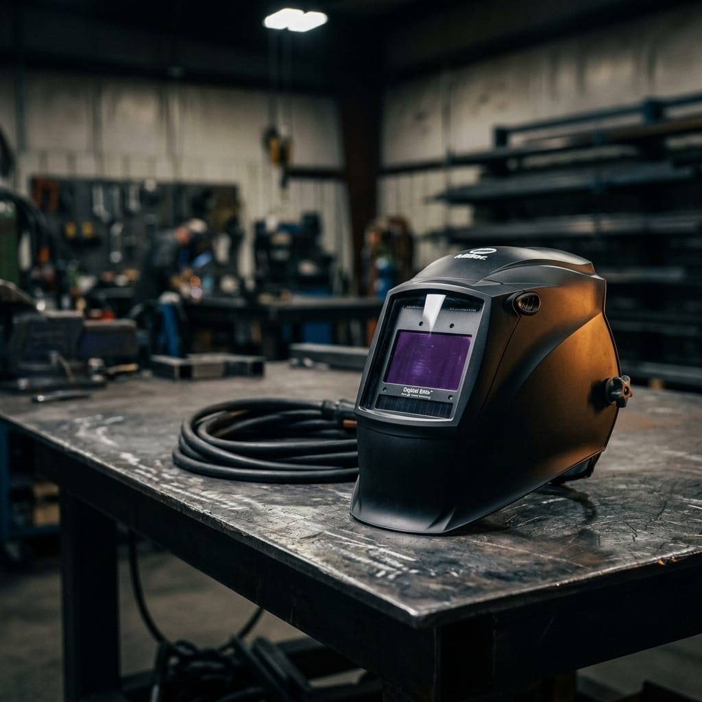 Miller welding helmet on a metal workbench in a workshop