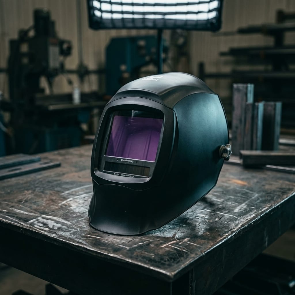 Miller black welding helmet on a metal workshop table
