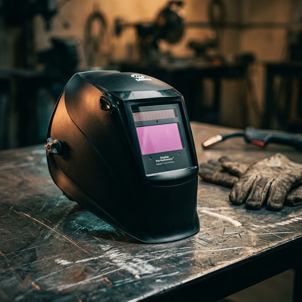 Miller Digital Performance welding helmet on a metal workbench