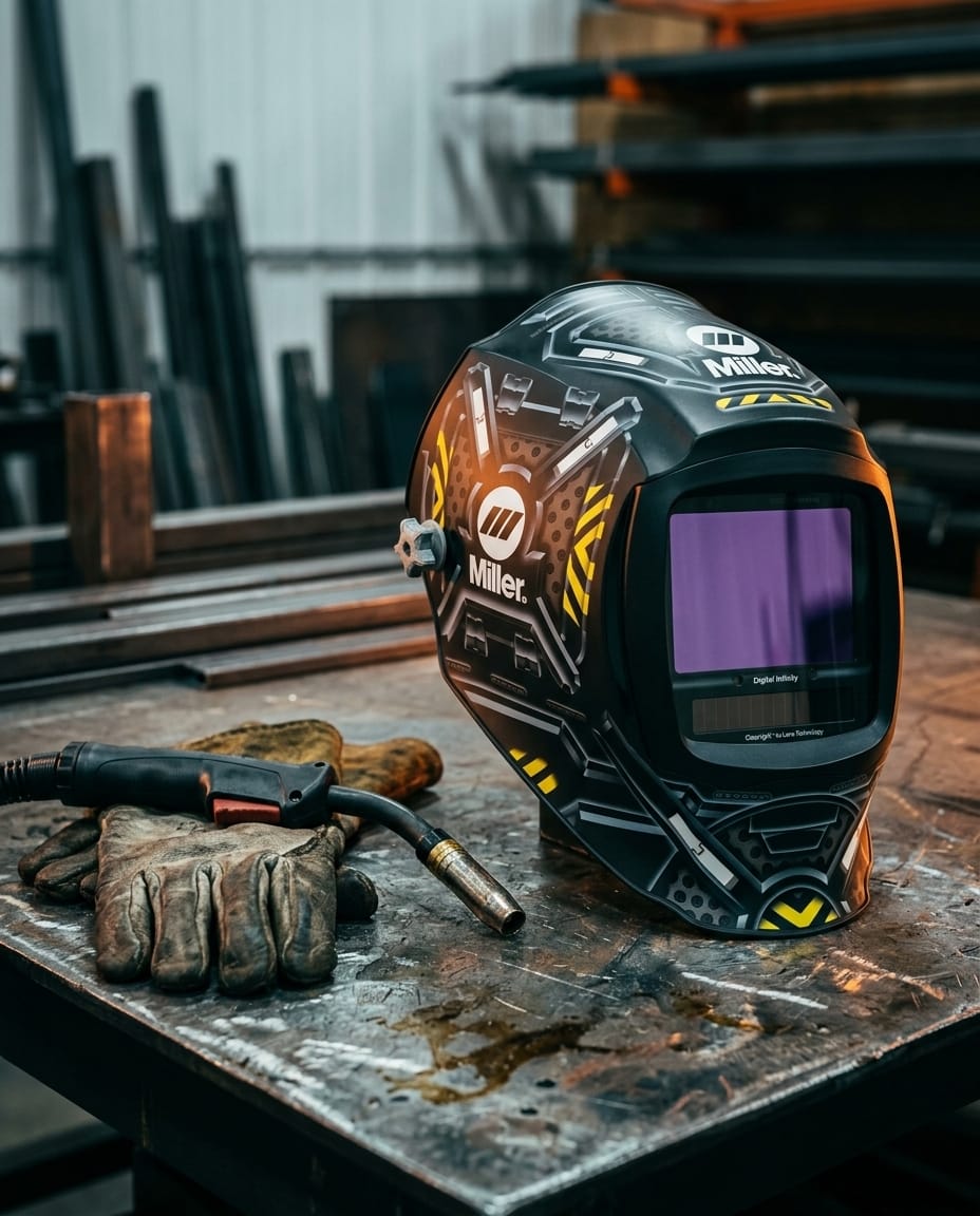 Miller Digital Infinity welding helmet with black and yellow graphic design on a metal workbench with welding gloves