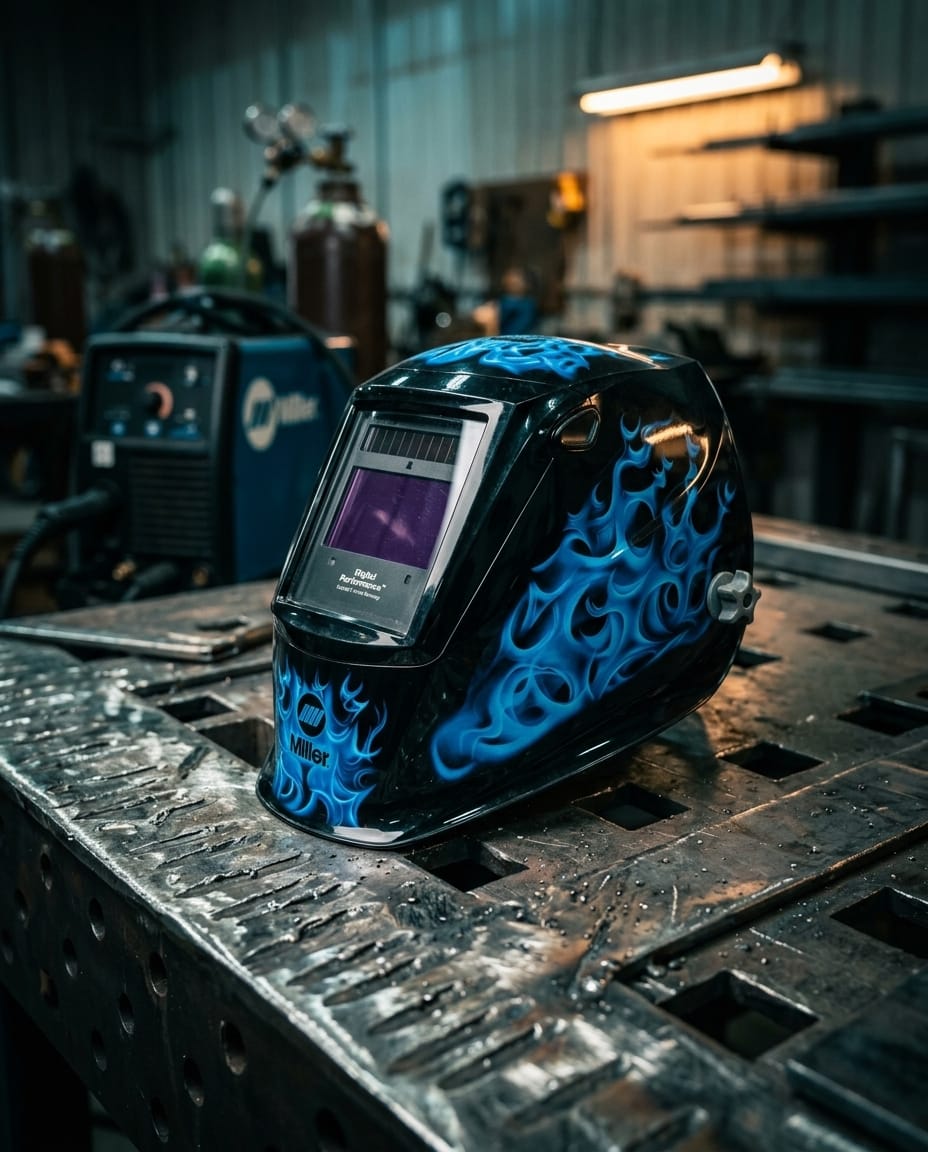 Miller welding helmet with blue flame graphic on a metal workbench