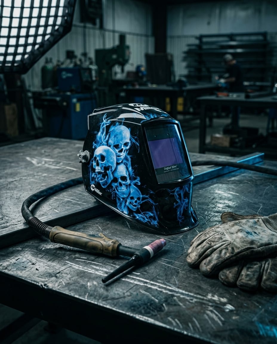 Miller welding helmet with blue skull graphic on a metal workbench with welding torch and gloves