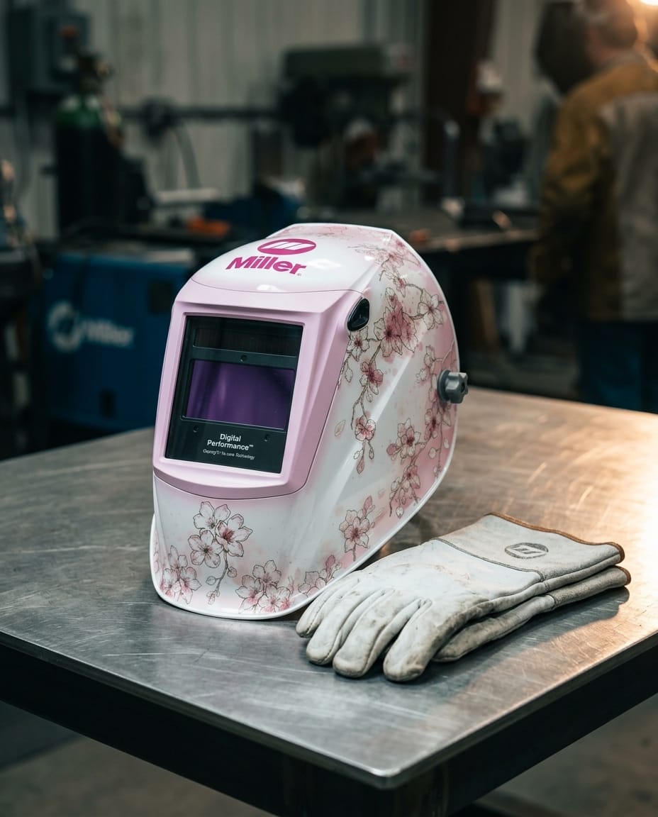 Miller Digital Performance welding helmet with cherry blossom pattern and leather welding gloves on metal workbench