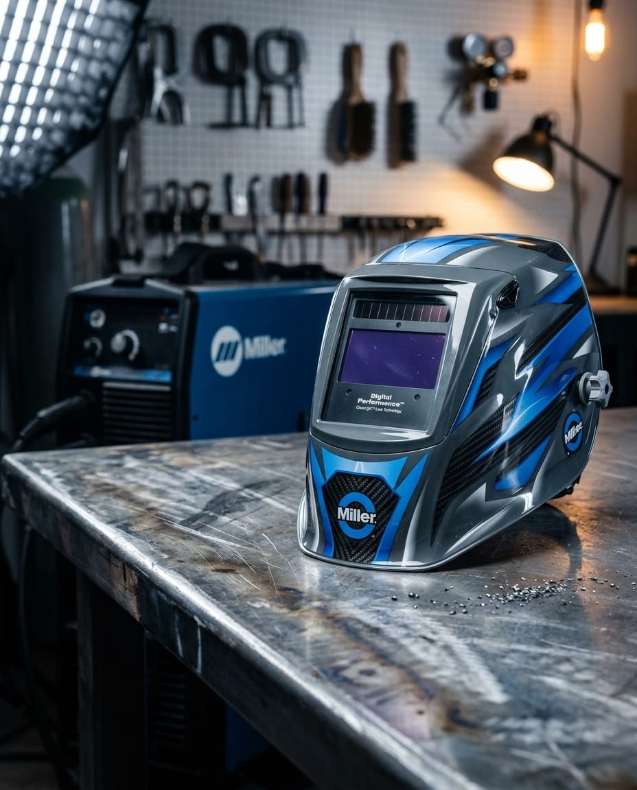 Miller Digital Performance welding helmet on a metal workbench with a Miller welder in the background