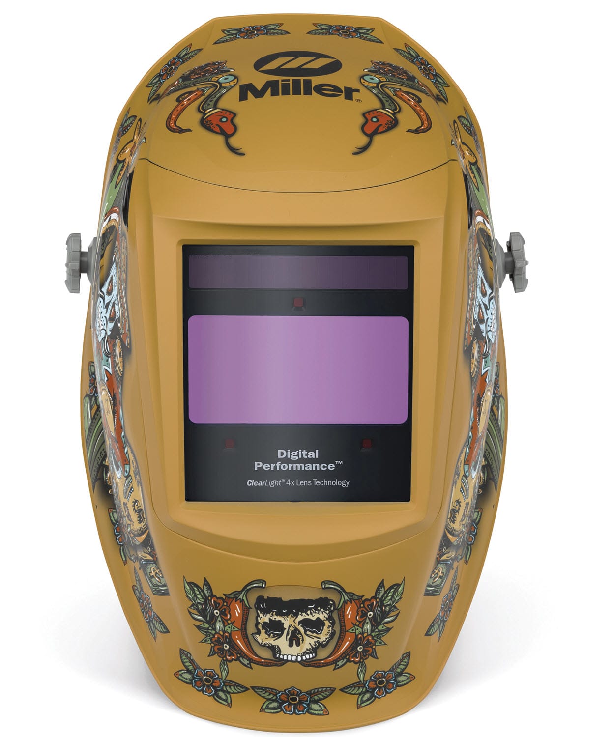 Miller Digital Performance welding helmet with skull and floral graphic design