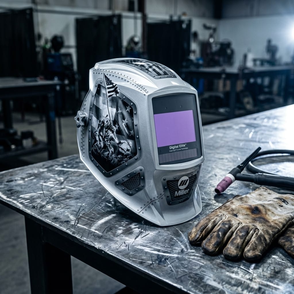 Miller Digital Elite welding helmet with American flag graphic on a metal workbench