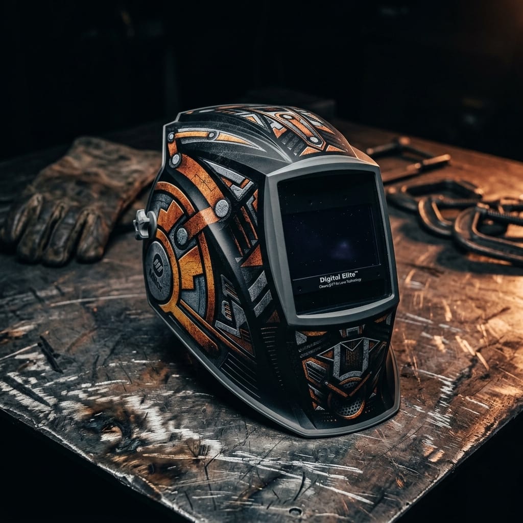 Miller Digital Elite welding helmet with orange and black geometric pattern on a metal workbench