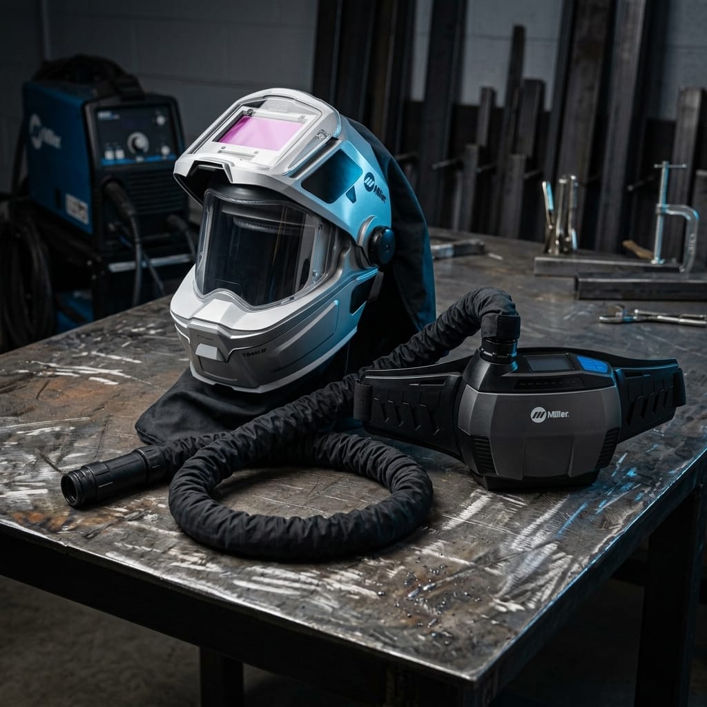 Miller welding helmet with powered air purifying respirator system on a metal workbench