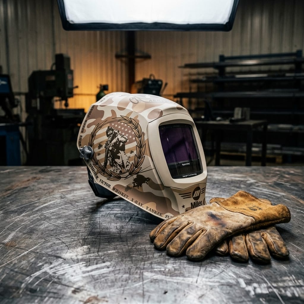 Miller welding helmet with camouflage pattern and military graphic next to leather welding gloves on a metal workbench
