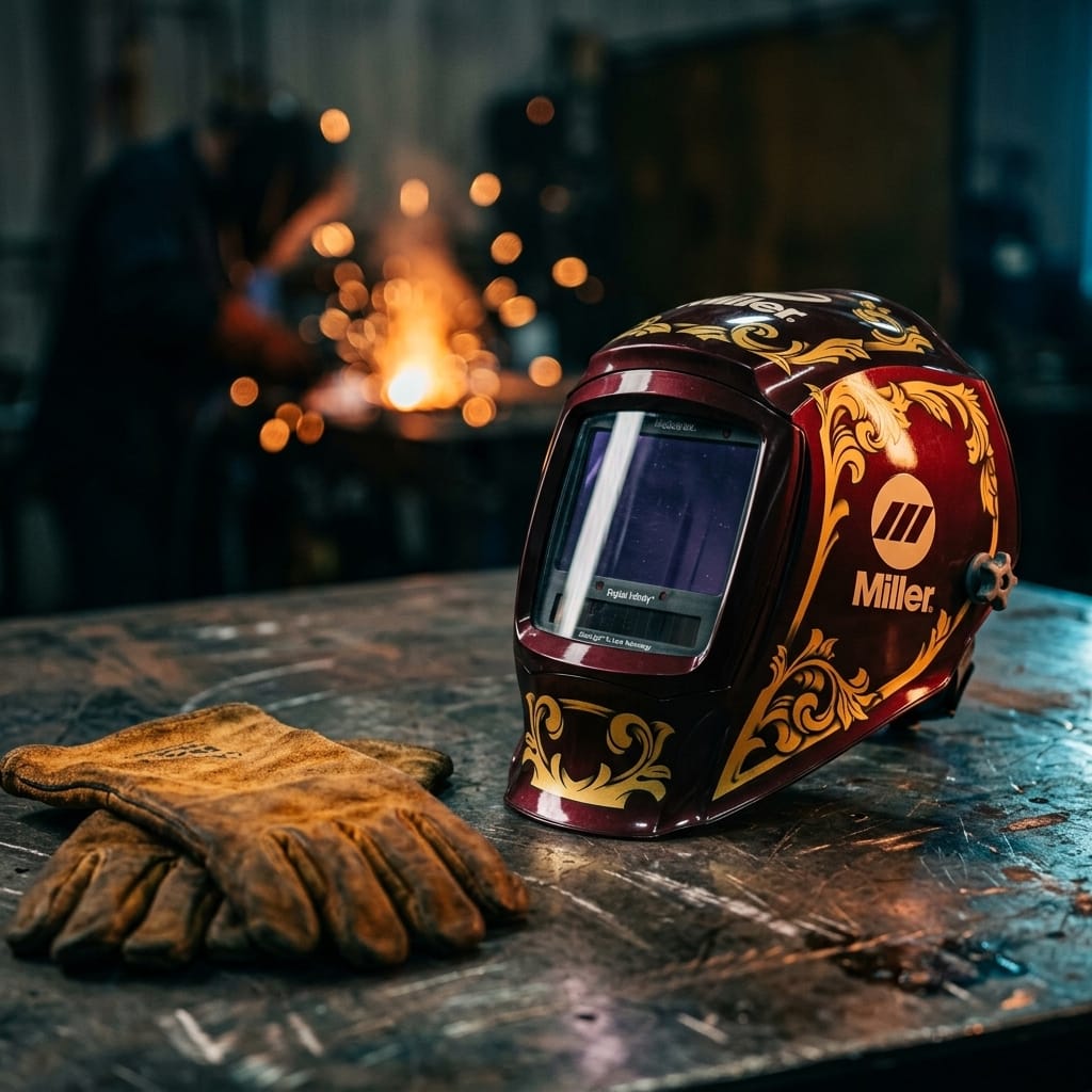 Miller welding helmet with gold filigree design and leather gloves on a metal workbench