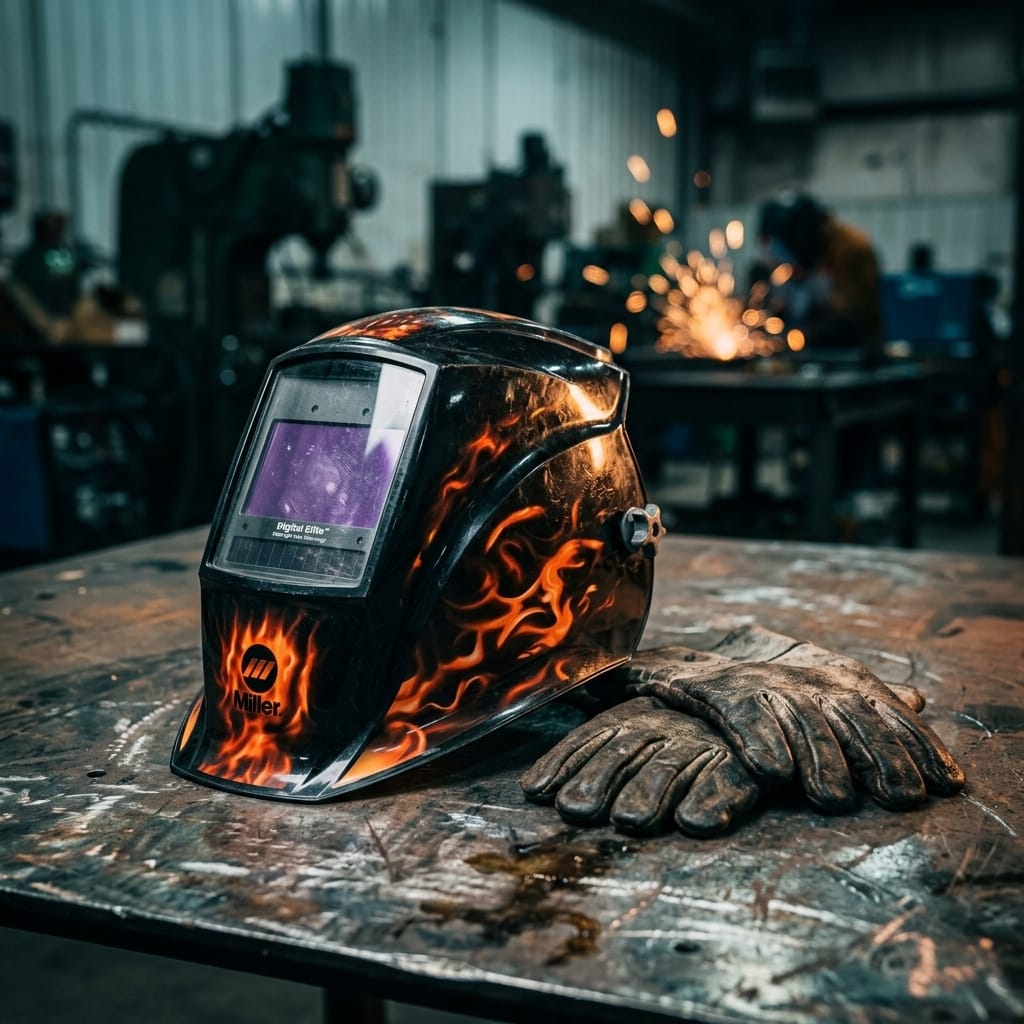 Miller Digital Elite welding helmet with flame graphics and leather gloves on a metal workbench