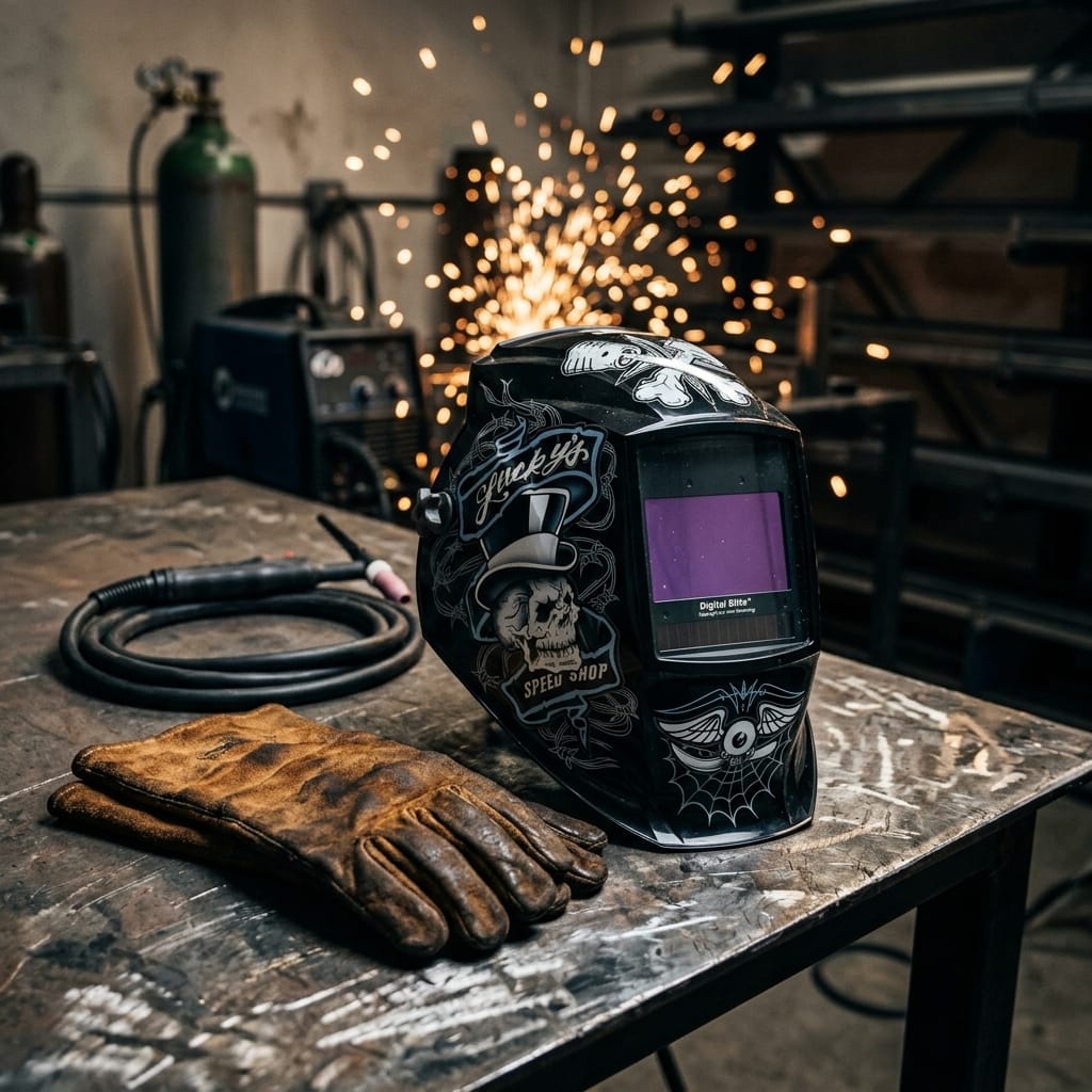 Miller welding helmet with skull graphic on a metal workbench with leather gloves and welding equipment