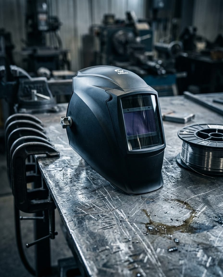 Miller welding helmet on a metal workbench with welding wire spool and clamps