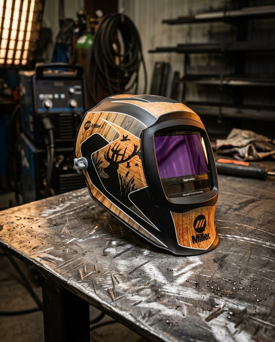 Miller welding helmet with wood grain and deer silhouette pattern on a metal workbench