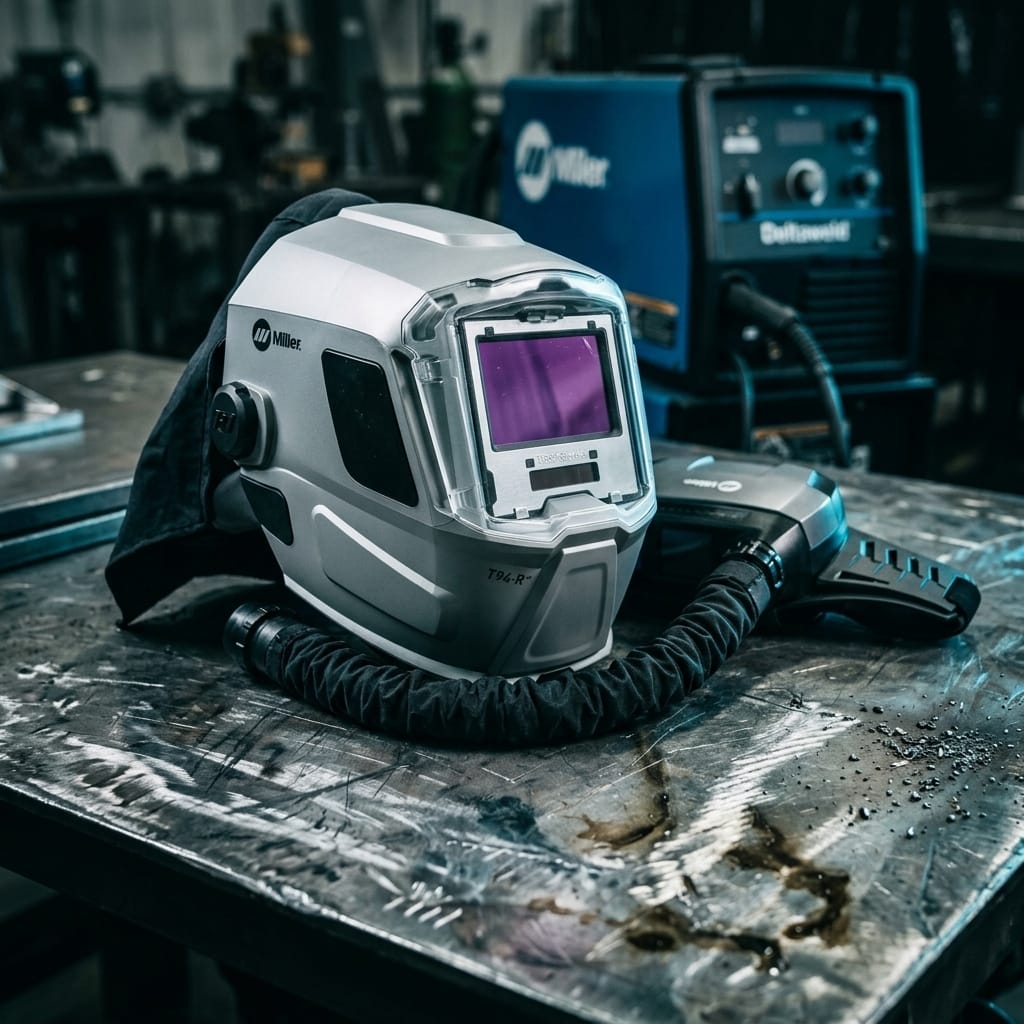 Miller T94-R welding helmet with respirator hose on a metal workbench