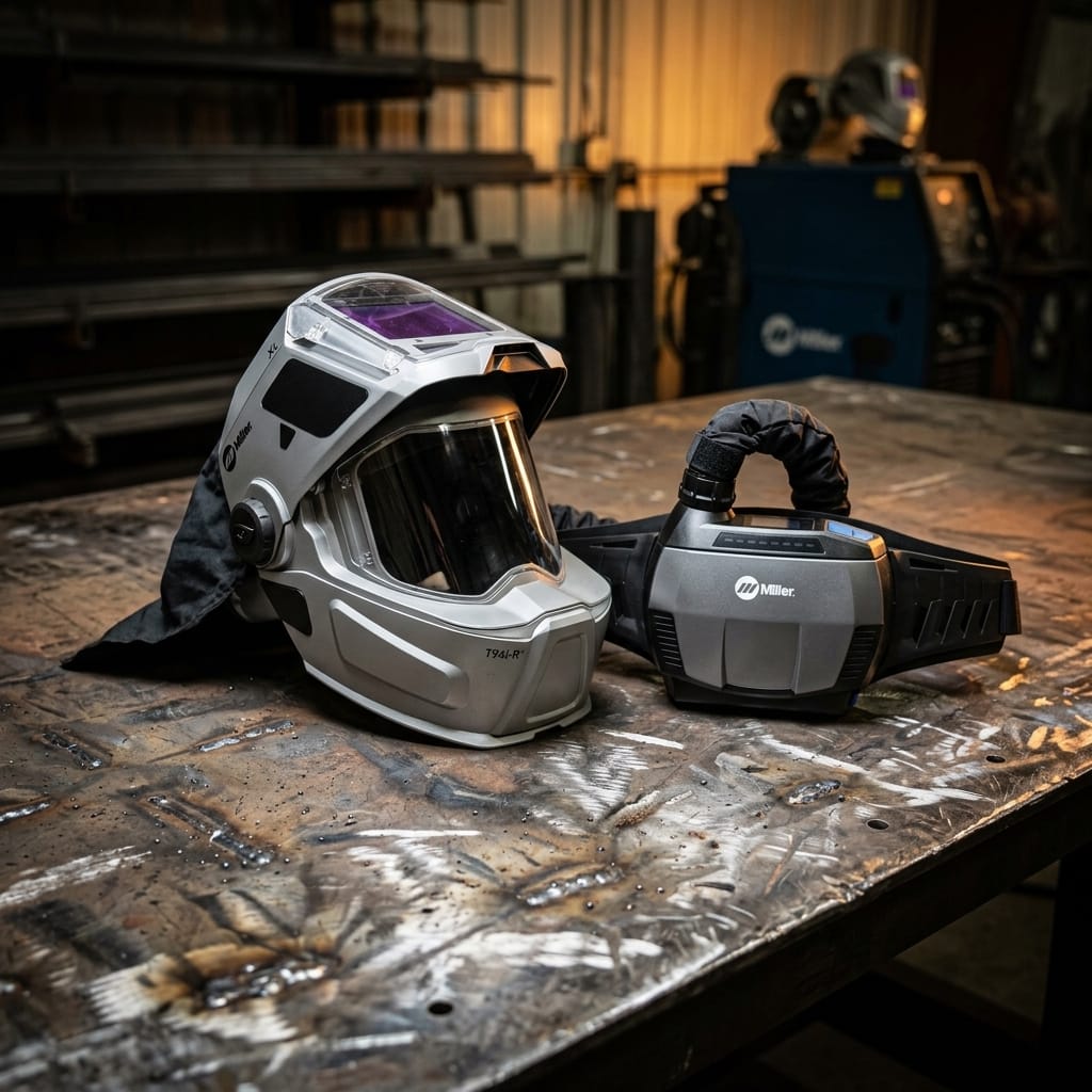 Miller T94i-R welding helmet and PAPR blower unit on a metal workbench